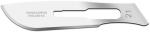 Preview: The image shows a metal surgical blade. It is slender, shiny, and has a slightly curved edge. The manufacturer's name and the number 