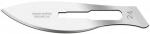 Preview: The image shows a sharp, shiny blade of a scalpel knife. It has a curved shape and an opening in the center. The blade features the inscription 