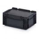 Preview: The image shows a black, rectangular plastic box with a flat lid. It has side clips for closing and a sturdy, simple structure.