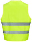 Preview: The image shows a bright yellow safety vest. It has two horizontal reflective stripes and no sleeves. The vest has a simple, open cut and is visible from the back.