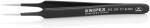 Preview: The image shows a black, pointed tweezer made of stainless steel. It has two long, narrow prongs and an elongated handle. The brand name 