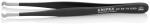 Preview: The image shows a black tweezer with a long, narrow shape and round, white tips. On one side it reads 