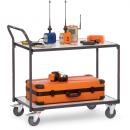 Preview: Ein grauer Wagen auf Rollen mit zwei Ebenen. Oben stehen verschiedene Geräte in Blau und Orange, darunter ein großer, oranger Koffer mit schwarzem Rand. Der Wagen hat einen Griff.