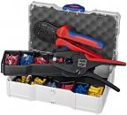 Preview: The image shows a toolbox with a black and red crimping tool. Inside, there are small compartments with various insulated terminals in colorful hues: red, blue, and yellow.