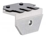Preview: The image displays a metallic component in a square shape with a slanted bottom. At the top, two black screws are visible, embedded into a flat surface. There is a round hole on the side.