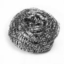 Preview: The image shows a round, metallic scrubbing pad. It is made of many fine, tightly coiled wires and has an uneven, springy surface. The color is silver steel.