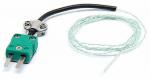 Preview: Das Bild zeigt einen Temperatursensor mit grünem Stecker und zwei Metallstiften. Ein schwarzes Kabel führt davon weg, und daneben liegt ein dünner, geflochtener Draht.