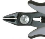 Preview: The image shows a pair of pliers with a pointed, narrow opening. The body is black with gray, ergonomic handles. In the center, a metal axis is visible.