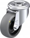 Preview: The image shows a gray wheel with a shiny metal frame. In the center, there is a central axle with a small yellow marking. It is a furniture or transport wheel.