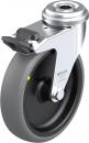 Preview: The image shows a gray roller wheel with a silver metal axle. There is a brake on the wheel, which is mounted on a sturdy bracket. The wheel has a yellow dot on the side.