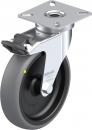 Preview: The image shows a ball-bearing roller. It has a black, rubberized surface and a silver metal plate with a borehole in the center. A heel lever allows for locking.