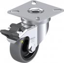 Preview: The image shows a caster frame. It has a metallic base with a round, movable rubber wheel and a mounting hole for assembly. It features a brake for stabilization.