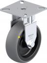 Preview: The image displays a gray-colored wheel with a metal bracket. It has a round shape and a flat top plate with mounting holes. The wheel features a yellow marking.