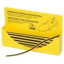 Preview: Das Bild zeigt eine gelbe Box mit einem Aufkleber, der Anweisungen für Einweg-Schuhherstellungstreifen enthält. Zieht einen Klebestreifen mit gelb-schwarzer Musterung heraus.