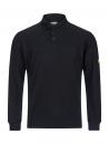 Preview: Das Bild zeigt ein schwarzes Langarm-Polohemd mit einem kurzen Kragen und einer kleinen Brusttasche. An einem Ärmel befindet sich ein gelbes Label. Der Stoff wirkt robust und schlicht.