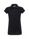 Preview: Das Bild zeigt ein schwarzes Poloshirt mit kurzem Ärmel und einem klassischen Kragen. Es hat eine durchgehende Knopfleiste vorne. Das Material wirkt leicht und strukturiert.