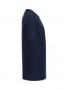 Preview: The image shows a dark blue T-shirt viewed from the side. It has short sleeves and a round neckline. The fabric appears soft and comfortable.
