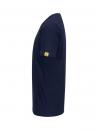 Preview: The image shows a dark blue T-shirt in side view. It has short sleeves and a round neckline. There is a small, yellow logo on one sleeve.