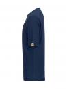 Preview: The image shows a dark blue T-shirt in a side view. It has short sleeves and a round neckline. There is a small yellow label on the left sleeve.