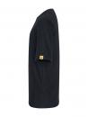 Preview: The image shows a black T-shirt from the side. It has short sleeves and a simple round neckline. There is a yellow label on the left sleeve.