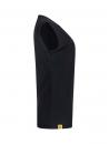 Preview: The image shows a sleeveless, black top. It features a simply cut collar and a small yellow brand label at the bottom edge. The surface is smooth and solid-colored.