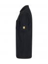 Preview: The image shows a black polo shirt in a side view. It has a collar and short sleeves. There is a yellow logo on one sleeve. The cut is straight and simple.