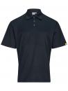 Preview: Das Bild zeigt ein dunkelblaues Poloshirt mit kurzen Ärmeln und einem klassischen Kragen. Es hat drei Knöpfe am Ausschnitt und feine Streifen. An der Ecke ist ein gelbes Logo.