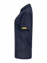 Preview: The image displays a dark blue, short-sleeved polo shirt. It features a collar and a simple, striped texture. There is a yellow label on the sleeve hem.