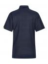 Preview: The image shows a dark blue polo shirt from the back. It has short sleeves, a collar, and fine vertical stripes. A small logo is on the left side of the collar.