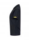 Preview: The image shows a black polo shirt in profile. It has short sleeves and a yellow marking on the left shoulder. The fabric appears smooth and sporty.