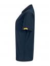 Preview: The image shows a navy blue cotton T-shirt. It features a classic cut, short sleeves, and a plain collar. There is a yellow label on one sleeve.