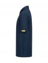 Preview: The image shows a dark blue polo shirt from the side. It has a collar and short sleeves. There is a yellow label on one sleeve. The fabric appears smooth and light.