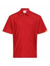 Preview: Das Bild zeigt ein rotes Poloshirt mit kurzen Ärmeln und einem klassischen Kragen. Es hat eine gerade Form und drei Knöpfe vorne. Ein kleiner gelber Aufnäher ist an einem Ärmel angebracht.