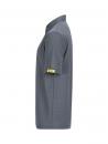 Preview: The image shows a gray polo shirt made of a fine fabric. It has short sleeves and a classic collar. There is a yellow label on the left sleeve. The surface features a fine striped pattern.