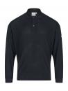 Preview: Das Bild zeigt ein schwarzes Poloshirt mit langen Ärmeln. Es hat einen klassischen Kragen und drei Knöpfe auf der Vorderseite. Die Struktur hat feine, vertikale Linien.