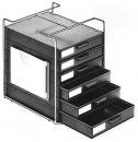 Preview: The image displays a black shelving unit with multiple drawers. It features five pull-out drawers at the bottom and an open area on the side. There are handles on the top for opening.