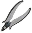 Preview: The image shows a pair of scissors with round, curved handles made of black and gray plastic. The blades are narrow and pointed, suitable for cutting fine materials.