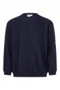 Preview: Das Bild zeigt einen dunkelblauen Pullover mit Rundhalsausschnitt und langen Ärmeln. Die Säume sind leicht elastisch. Auf einem Ärmel befindet sich ein kleines, rundes Emblem.