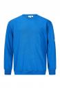 Preview: Das Bild zeigt einen blauen Pullover mit langen Ärmeln und rundem Ausschnitt. Der Stoff hat feine, horizontale Streifen und eine leicht lockere Passform. An einem Ärmel befindet sich ein kleines gelbes Logo.