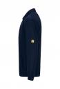 Preview: The image shows a dark blue sweater with a collar. There is a yellow logo sewn onto one sleeve. The sweater has long sleeves and a straight cut.