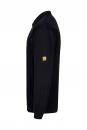 Preview: The image shows a black sweater in profile. It has a collar and long sleeves. There is a small yellow logo on one sleeve. The fabric appears textured and casual.
