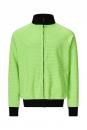 Preview: Das Bild zeigt eine grüne Jacke mit einem Reißverschluss und einem Stehkragen. Die Jacke hat einen schmalen, gestreiften Stoff und schwarze Bündchen an den Ärmelenden und am Saum.