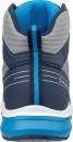 Preview: The shoe is a high hiking boot in blue and gray tones. The back features a breathable mesh upper and a bright, non-slip sole. A blue stripe runs vertically.