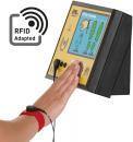 Preview: The image shows a control device with a screen displaying information. Below it is a hand pointing to the screen. A red bracelet is on the wrist.