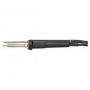 Preview: The image shows a soldering iron with a long, black handle and a metal tip. The tip is narrow and elongated, and there is a small dial on the handle.