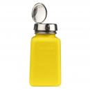 Preview: The image shows a yellow bottle with a metallic screw cap. The lid is open and reveals a round, direct opening. The bottle has a matte finish.