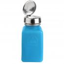 Preview: A blue-transparent bottle with a rectangular body. The cap is metallic and has a flip-top closure. The bottle has a smooth surface and an embossed brand.