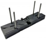 Preview: The image displays a black, rectangular component with two side arches. It features three metallic pins protruding vertically, as well as a central recess.