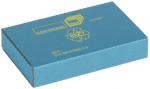Preview: The image shows a rectangular, light blue package with yellow lettering. On the front, the brand name 