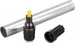Preview: The image shows three objects: a metallic cylinder, a black marker with a yellow tip, and a black cap. The cylinder is lying horizontally, while the other items are placed beside it.